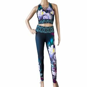 Nanette Lepore 2 Piece Green Purple Floral Sports Bra & Leggings Workout Set S